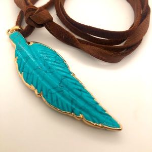 Turquoise Feather-Pendant on Brown leather cord